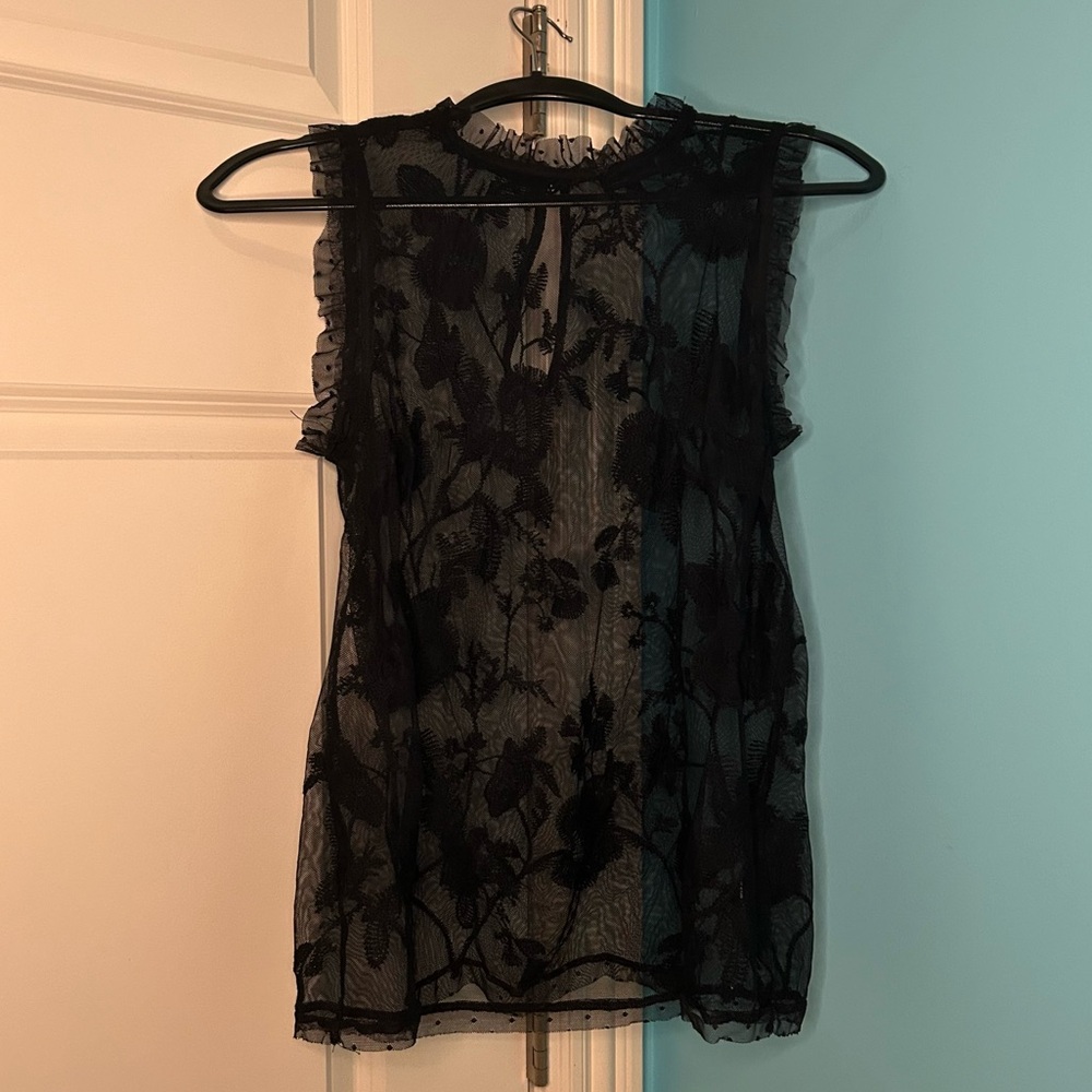 Who What Wear Black Lace top with Tulle Trim